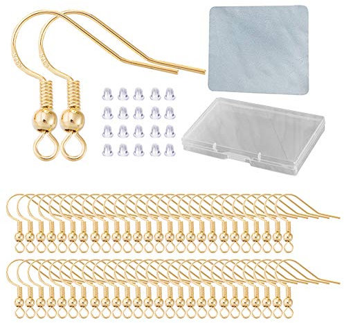 Earring Hooks for Jewelry Making - 120 PCS/60 Pairs Hypoallergenic 14K Gold Ear Wires Fish Hooks for Jewelry Making, Jewelry Findings Parts with 120 PCS Rubber Earring Backs Stopper for DIY Earrings