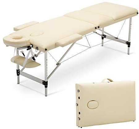 LIYI Mobile Massagetisch Massageliege 3 zonen 180 x 62 cm, mit Zubehör, bis 230kg - Alu massagebed Massagebank 3 Zones klappbar Kosmetikliege, Biege, Höhenverstellbaren 60-85cm