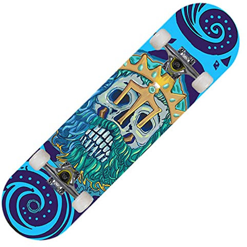Skateboard Totenkopf Blau Gelb Skateboard Kinder ab 8 Jahre 80x20cm 7-Lagigem Ahornholz Longboard Double Kick Komplett für Anfänger Jungen Mädchen Erwachsene Profi Penny Board