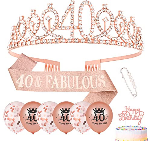 Popuppe 40.Geburtstag Schärpe und Geburtstagskrone,Rose Gold Schärpe Tiara Krone, Cupcake Topper Konfetti Luftballons Zum 40.Geburtstag Geschenke Frauen Deko (Rose Gold)
