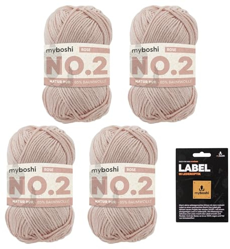 myboshi No.2 inkl. Label, Baumwolle zum Häkeln und Stricken, für Baby und Amigurumi, vegan, 60 Grad waschbar, 50g, Ll 100m Rosa (Rose), 4 Knäuel