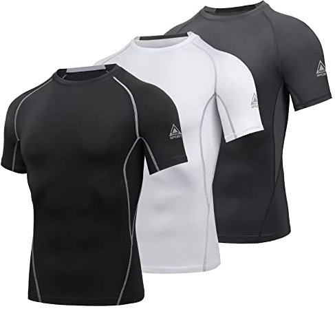 AMZSPORT Herren Kompressionsshirt Kurzarm Funktionsshirts Cool Dry Training Running Top, Schwarzweißgrau-L