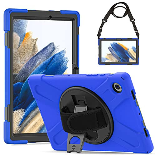 Gerutek Cover per Samsung Galaxy Tab A8 10.5 pollici 2021, SM-X200/X205/X207 Cover Silicone Antiurto con Supporto Rotante 360 e Cinghia a Mano/Spalla Custodia Protettiva per Galaxy Tab A8, Blu