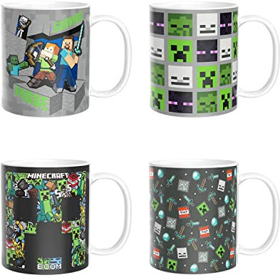 Zak Designs Minecraft - Set di tazze da caffè in ceramica, con comodo manico, ideali come regalo per i giocatori, lavabili in lavastoviglie e forno a microonde (326 g, set da 4 pezzi)