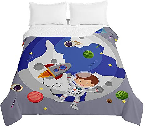 Chickwin Child Quilt Bed Throws Cotton Filling Duvet, Universe Space Printed Microfiber Lightweight Comforter - Reversible Quilted Bedspreads Embossed Coverlets for All Season (blue rocket,100x150cm)