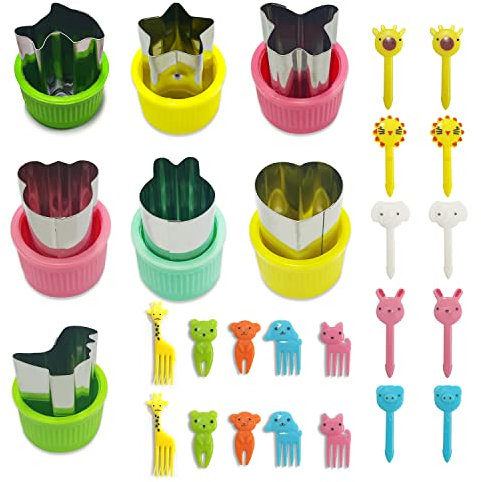 27 moldes galletas de acero inoxidable verduras y frutas para niños (delfin, dinosaurio, conejo, oso, amor, estrella, mariposa) con tenedor frutas animales, mango cómodo, extraíble, forma galleta