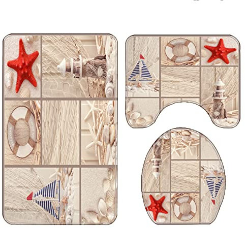Badezimmerteppich Leuchtturm Seestern Beige Badematte Badezimmer Set 3 Teilig rutschfest Badteppich 50x80cm Maschinenwaschbar Badvorleger für Wohnzimmer, Schlafzimmer, Toilette