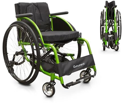QUIRUMED Silla de ruedas deportiva, Plegable, Aluminio, Asiento acolchado, Cinturón de seguridad, Liberación rápida, Freno manual, Bolsillo portaobjetos, 74 x 57 x 84 cm