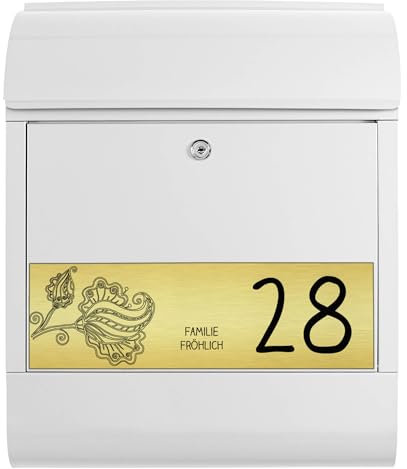 banjado® Briefkasten personalisiert mit graviertem Namensschild in Gold/Briefkasten weiß 39x47x14cm / Briefkasten mit Hausnummer, Namen & Motiv Zwei Blüten/Briefkasten mit Zeitungsfach