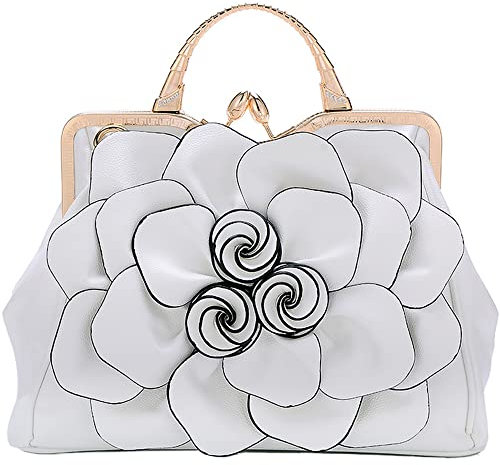 ZiMing Women Top Handle Handbags 3D Floral Genuine Leather Tote Bags Kiss Lock Evening Handbag Stylish Satchel Shoulder Bag Crossbody Bag Premium Purse for Party Wedding-White