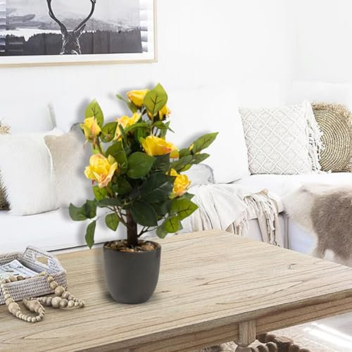 Garden Mile Artificial Regent's Rose Potted Plant or Tree Free Standing Faux Flowers for Home Garden Decorative Faux Foliage Indoor Outdoor Décor Rose Bush Weather Resistant (40cm - Sunshine Yellow)