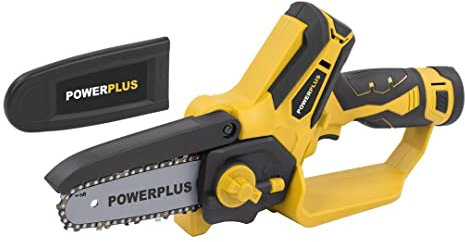 POWER plus Powerplus Akku Kettensäge POWXG1045-12V Säge, inkl. 12V Akku und Ladegerät, kleine elektrische Säge mit 100 mm Schwert für Einhand Bedienung, Gartengeräte für einfache Gartenarbeit