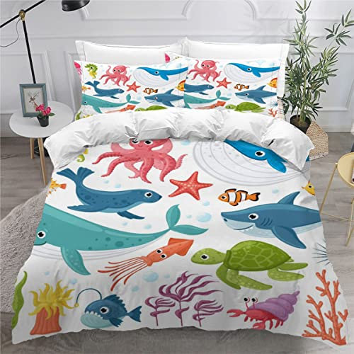 VASENA Bettwäsche Karikatur Meerestiere Bettwäsche 135x200 Kinder Oktopus Hai Schildkröte Bettbezug Set Weich Microfaser Kinderbettwäsche 3 Teilig Mit ReißVerschluss Mit 2 Kissenbezug 80x80 cm