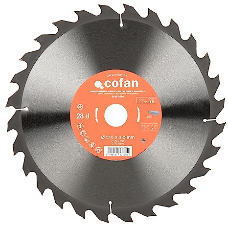 Cofan Hoja de sierra circular | Disco de corte para madera | 28 dientes | Adecuado para todo tipo de maderas | Ideal para sierras circulares de mesa | Medidas: 315 x 30 mm | Grosor del disco: 3,2 mm
