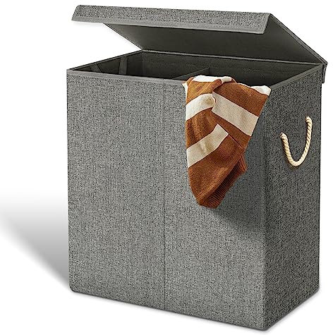 FB FunkyBuys 142 L Double Laundry Basket with Lid, Laundry Hamper Basket with Handles for Dirty Clothes, Laundry Bin Storage for Bedroom, Bathroom Storage (2 Compartment, Dark Grey)