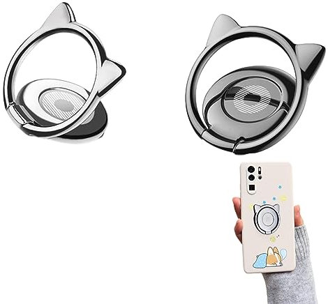 ASYKNM 2er Set Handy Ringhalter mit süßem Katzen-Motiv, 360° drehbar. Fingerhalterung für Smartphone, Handyhalter in Schwarz und Silber. Kompatibel mit vielen Geräten.