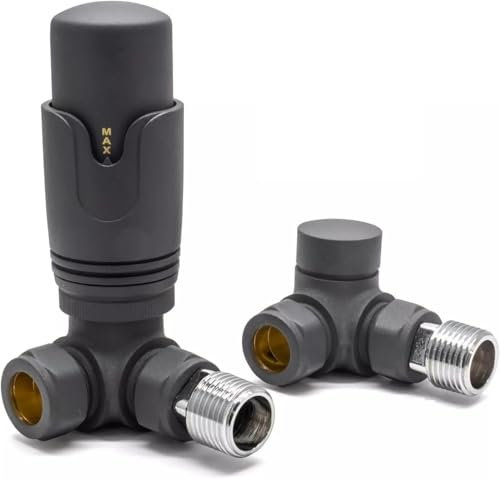 Team Controls Anthracite Grey Corner TRV Thermostatic Radiator Valve & Lockshield 15mm Pack Set Pair