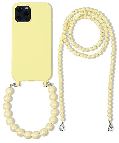 FIFTHAVE Mobile Phone Chain Mobile Phone Case iPhone 15 with Pearls Bracelet Necklace Case with Strap, Chain Pearl TPU Protective Case for iPhone 15 6.1 Inch Silicone Case Cord Lanyard Bumper, Yellow