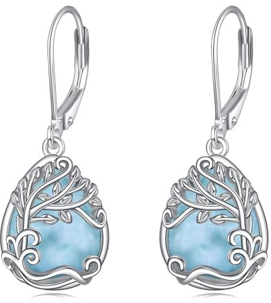 Baum des Lebens Larimar Ohrringe für Damen 925 Sterling Silber Lebensbaum Tropfen Ohrringe Leverback Schmuck Geschenke (HH-Baum des Lebens Larimar)