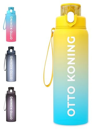 Otto Koning Botella Agua 1L Botella deportiva de Plástico Sin BPA. Hermética. Garrafa Agua con Cepillo de Limpieza, Boca Ancha, Correa Resistente Ideal para Deportes, Oficina, Bicicleta Reutilizable