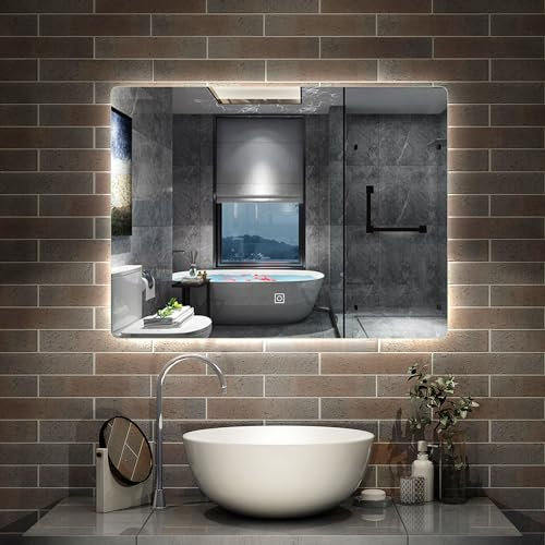 Aica Sanitär Badspiegel mit Beleuchtung 60×40cm Touch Wandschalter Kaltweiß dimmbar Memory-Funktion Badezimmerspiegel Spiegel Energiesparend Lichtspiegel IP44