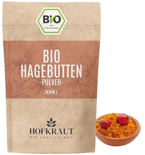 HOFKRAUT BIO Hagebuttenpulver 500g | Gemahlene ganze Hagebutten | Fruchtiges, süß-würziges Aroma | 100% Bio Hagebutten Pulver in Rohkostqualität | Rückstandskontrolliert