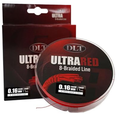 DLT UltraRed-8 Geflochtene Angelschnur 200m - 0,16mm - Verbesserte Wurfeigenschaften und Unterwasseraktion - Mikrobeschichtung für Wasserabweisung - Aus 8 Strängen geflochten