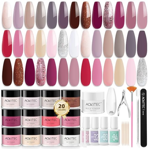 Aokitec 20+1 Farben Dipping Powder Nails Set mit Build Powder - Pinky-Serie 36 Stück Dipping Acryl Pulver Dip Liquid Set für French Manicure Anfänger Nägel Selber Machen Geschenke für Frauen