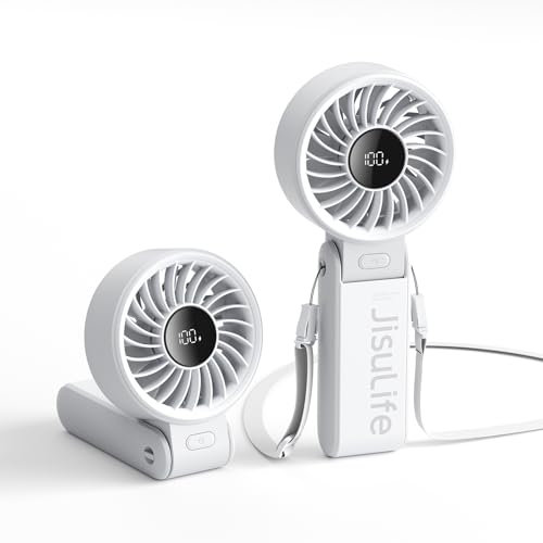 JISULIFE Ventilatore portatile Life7, potente ventilatore portatile con display LED, massimo 19,5 ore, 5000 mAh, 3 in 1 mano/scrivania/collo ventilatore, mini ventilatore da viaggio (grigio)
