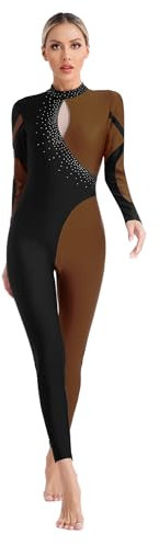 Agoky Damen Ganzkörper Gymnastikanzug Langarm Turnanzug Farbblock Jumpsuit Sport Body Ballett Tanz Eiskunstlauf Bekleidung Dancewear Braun S