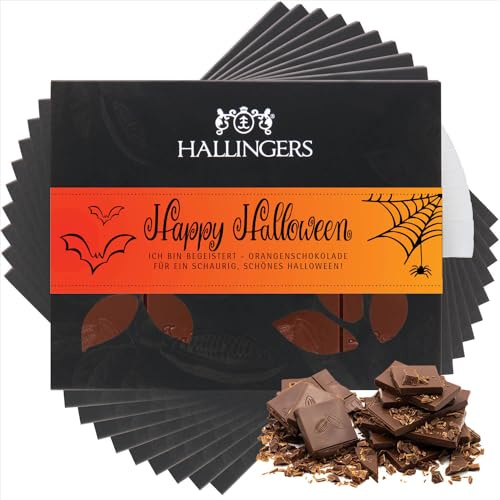 Hallingers Genuss Manufaktur Schokolade Glückwunsch-Geschenk - Tafel Edelkakao handgeschöpft ohne Alkohol edler Karton 10x Happy Halloween Orange, Geschenkidee für Frauen Männer