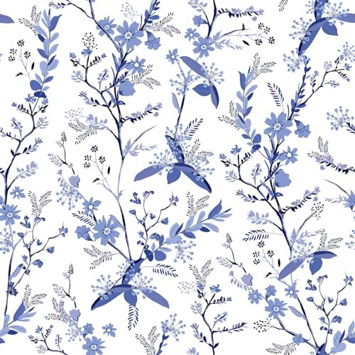 VEELIKE Papier Peint Fleuri Bleu Blanc Papier Peint Feuillage Bleu Papier Peint Autocollant Motif Botanique Vintage Papier Collant pour Meuble Chambre Armoire Salle de Bain Amovible 44,5cm × 300cm
