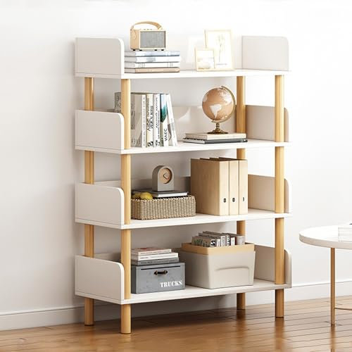 cadciehe Bibliothèque ouverte en bois à 4 niveaux, autonome, support de rangement pour livres d'enfants, étagère de rangement multicouche, étagère d'affichage avec bord supérieur en bois pour la