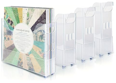 Cobenga 4 Pcs Scrapbook Paper Storage with Wheels, Plastic Portable Scrapbook Storage Bin for 12 x 12 Paper, Portable File Organizer with Built-in Handle, Functional Magazine Holder Paper Rack