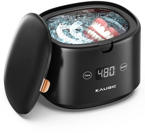 KAUGIC Ultrasonic Retainer Cleaner with Upgraded MCU, 30W/45kHz, 230ML Portable Ultrasonic Cleaner for Retainers, Mouth Guards, Dentures, Invisalign, Jewellery -Black