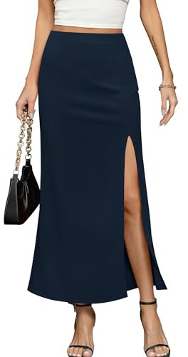 Missufe Elegant Maxirock Sommer Schlitz Röcke Damen Langer Hohe Taille Skirt Rock (Marineblau, X-Large)