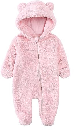 pyjama bebe fille 0-12 mois hiver polaire epais avec pieds zip combinaison bebe fille naissance avec capuche oreille de ours grenouille barboteuse body bebe garçon vetement automne (Pink, 9-12 mois)