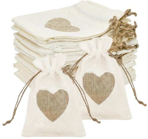 SLTAXAR 30 Stück jutesäckchen Herz Kleine Säckchen 10x14cm Jute Geschenktüten mit Herz Geschenkanhänger kleine säckchen zum Befüllen Jutebeutel Leinensäckchen für Hochzeit Party Geschenke Süßigkeiten