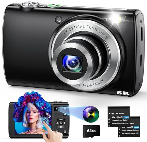 LOUM 5K Digital Camera for Photography and Vlogging, 64MP, 5X Optical Zoom, 2.8 Touch Screen, Black