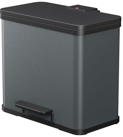 Hailo Öko trio Plus L Tret-Mülltrenner - freistehender 3 x 9 Liter Dreifachmülleimer aus Stahlblech - Mülltrennsystem mit soft close Deckel - 3-fach Abfalltrenner für die Küche - Dunkelgrau