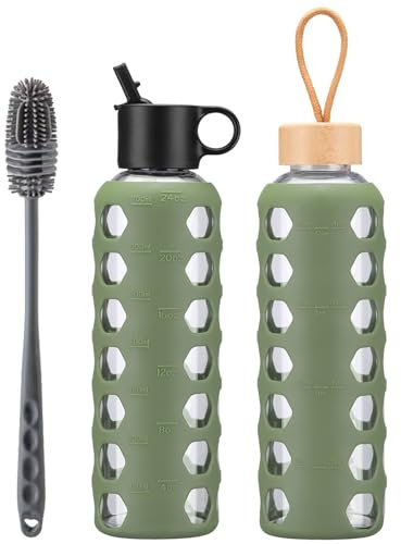 BLUEGO Bouteilles d'eau en verre, 700ml Verre Gobelet, Bouteilles à boire avec 2 couvercles, Motivation Bouteille d'eau avec Marqueur de temps et manchon en silicone, Étanche, Olive