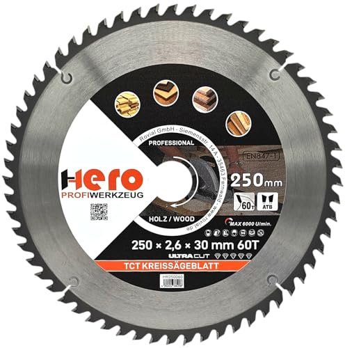 HERO Kreissägeblatt 250 x 30/20 mm 60 Zähne Hartmetall Sägeblatt TCT Ersatzsägeblatt für Holzbearbeitung Weich & Hartholz, Nichteisenmetalle Universal Handsäge, Gehrungssäge, Tischkreissäge, Kappsäge
