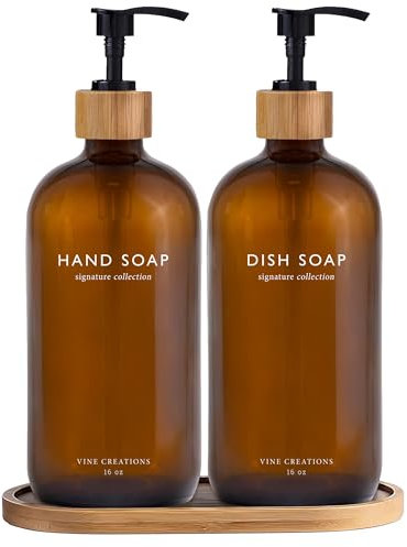 Vine Creations Amber Glass Soap Dispenser Set, Hand Soap and Dish Soap Dispenser Set with Bamboo Tray, 16 oz Glass Dispensers Bottle for Kitchen and Bathroom Decor Modern Boho with Bamboo Pump (Amber)