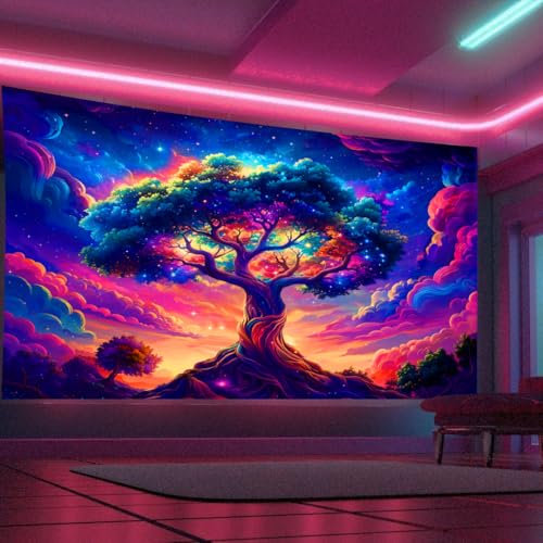 Arsey Schwarzlicht Wandteppich Aesthetic Lebensbaum Wandtuch Psychedelic UV - Reaktiver Wandteppiche Galaxy Himmel Bunt Natur Landschaft Baum Des Lebens Wanddeko Wohnzimmer, 300 X 180 CM