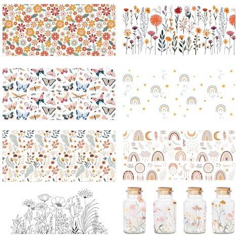 Butterfly Rub On Transfer Sticker - 8 Sheets Flower UV DTF Cup Wraps for Crafts Waterproof Flowers Butterflies Plant Transfer Stickers for 16 Oz Glass Cups for Students Tearcher Friends