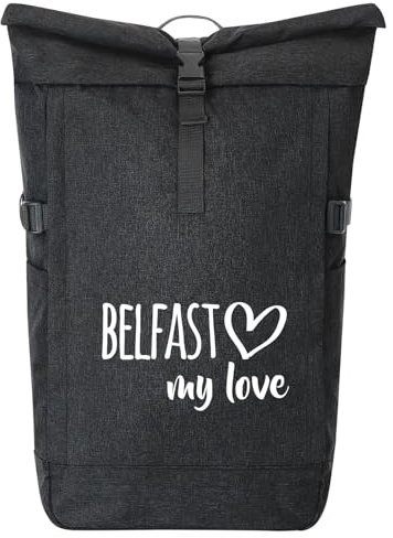 Huuraa Kurierrucksack Belfast my love Geschenk | 30-44 Liter Backpack Black Melange Fairtrade Rolltop Rucksack Geschenkidee Schwarzer Laptop-Rucksack passend für 17-Zoll