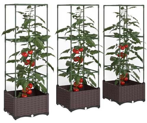 Outsunny Hochbeet mit Rankgitter Pflanzkasten 3er Set 40 x 40 x 125 cm | Blumenkasten mit Abflusslöchern, Blumenbeet, Pflanzkübel, Blumenkübel, Rankkasten für Kletterpflanzen, Garten, Balkon
