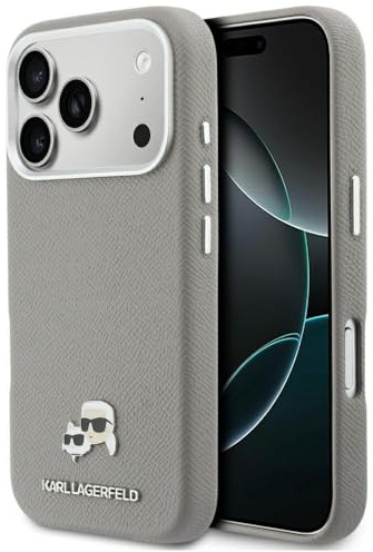CG MOBILE Karl Lagerfeld Karl & Choupette Kopfbolzen Saffiano kompatibel mit MagSafe Hülle für iPhone 17 Pro (Grau)