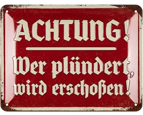 LANOLU retro Blechschild Achtung Plünderer, lustiges Warnschild im vintage Look, geprägt und gestanzt, Deko für Garage, Werkstatt, Mancave, Garten, 15x20 cm