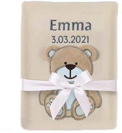 cozy racoon Babydecke Bestickt mit Namen und Geburtsdatum | Weiche Kuscheldecke für Baby Mädchen I Personalisiertes Geschenk zur Geburt oder als Erstausstattung I Vanille Decke mit Bär
